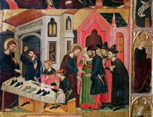 Het altaarstuk van SS. Mark en Ania, detail van een schoenmakerskraam, Catalaanse school, 1346 door Arnau Bassa